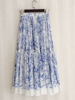 Elegant Women's Blue Floral Cotton Ruffle Skirt