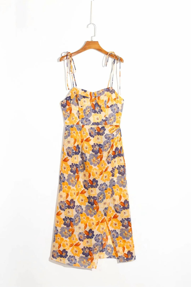 H464 Summer Vintage Floral Dress with Side Slit