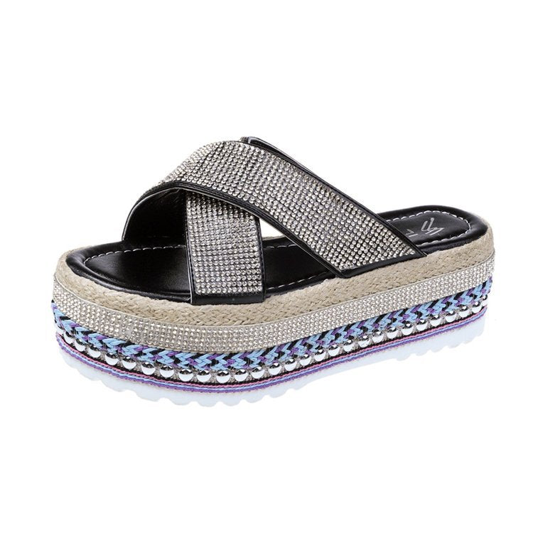Rhinestone Waterproof Platform Toe Women's Slippers