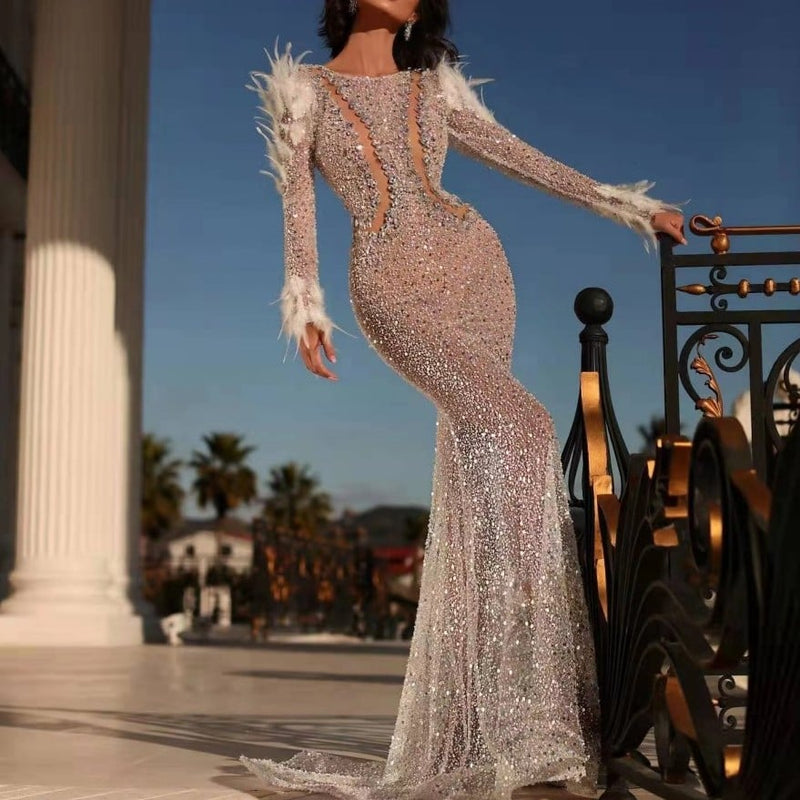 Sequined Long Bandage Sheath One-Piece Dress