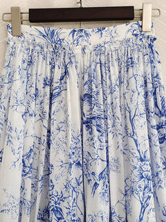 Elegant Women's Blue Floral Cotton Ruffle Skirt