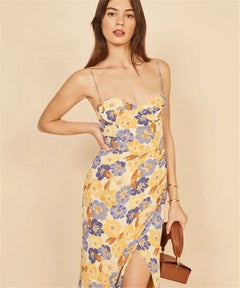 H464 Summer Vintage Floral Dress with Side Slit