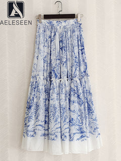 Elegant Women's Blue Floral Cotton Ruffle Skirt