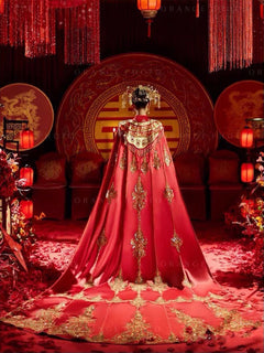 New Style Chinese Bride Wedding Cloak with Train