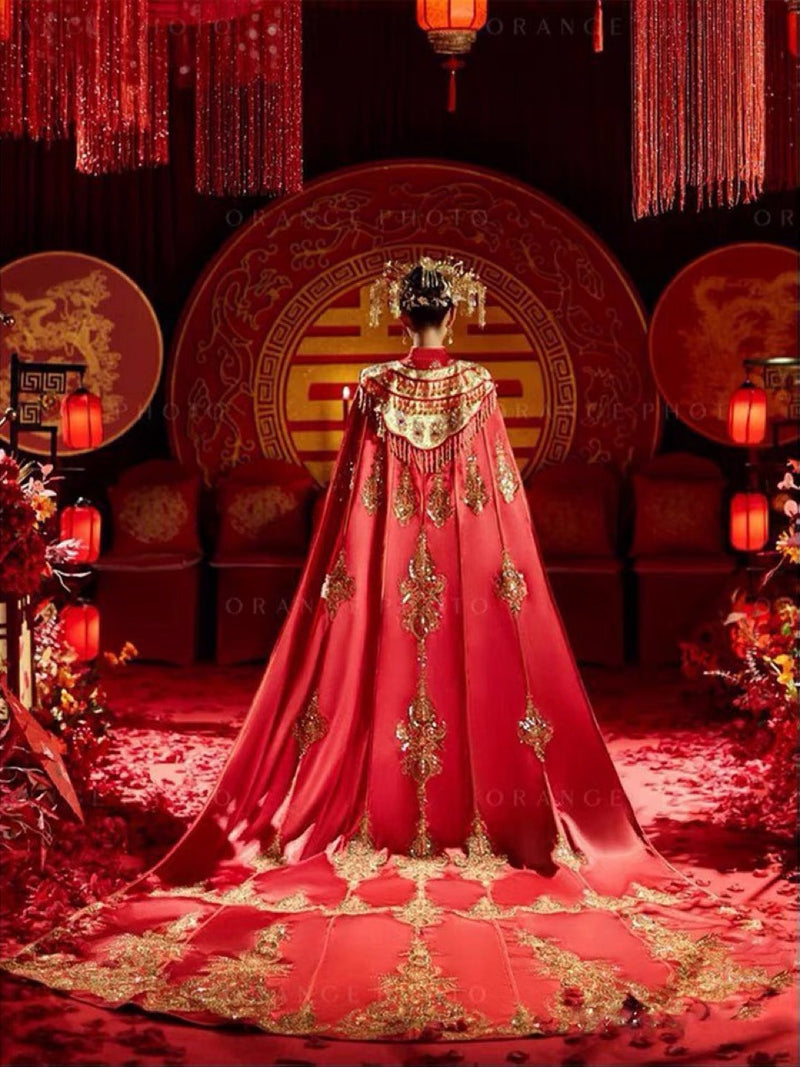 New Style Chinese Bride Wedding Cloak with Train