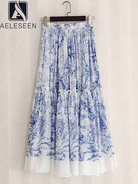 Elegant Women's Blue Floral Cotton Ruffle Skirt